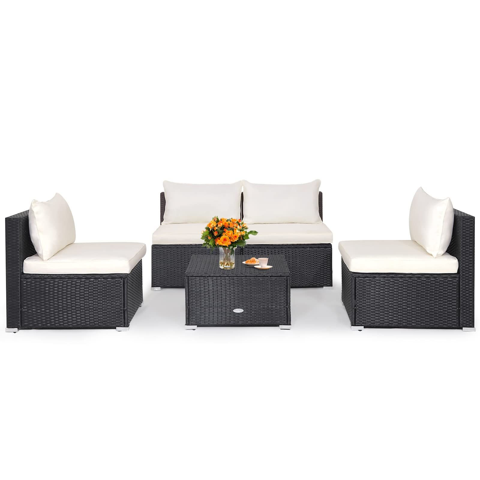 Tangkula Ensemble de 5 meubles de terrasse extérieurs, salon de jardin en rotin synthétique Patiojoy avec coussins et table basse